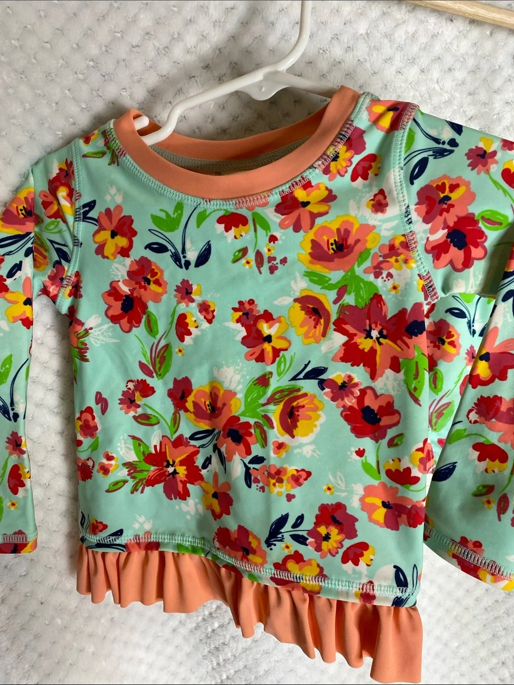 Ruffle Butts Floral 2 piece rashguard style Swimsuit with Coral Trim